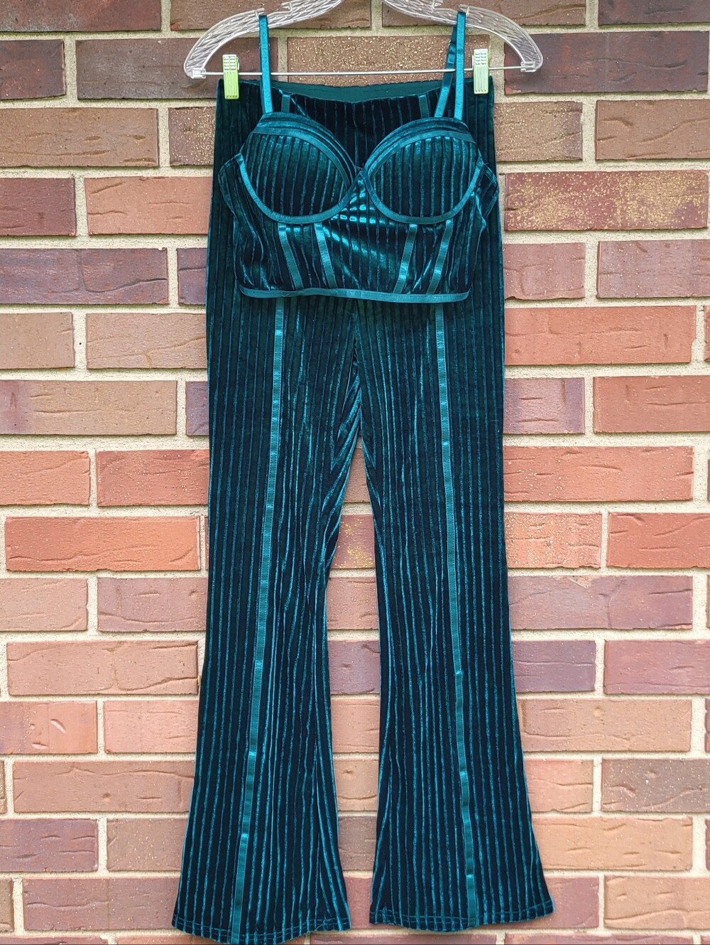 Haute Monde 2Pc Set Emerald/Jade Green Flare Pants Bustier Top Womens Small